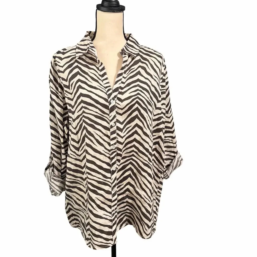 Tahari Wmn Cream Zebra Print 100% Linen Lagenlook Roll Tab Sleeve Tunic Top Sz L - Picture 2 of 5
